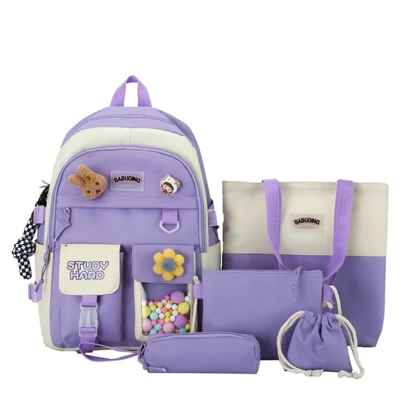5pcs Sets Children's School Backpack Kawaii Women's Bagpack Bookbag Laptop Bag for Teens Girls  Students Totes Sac