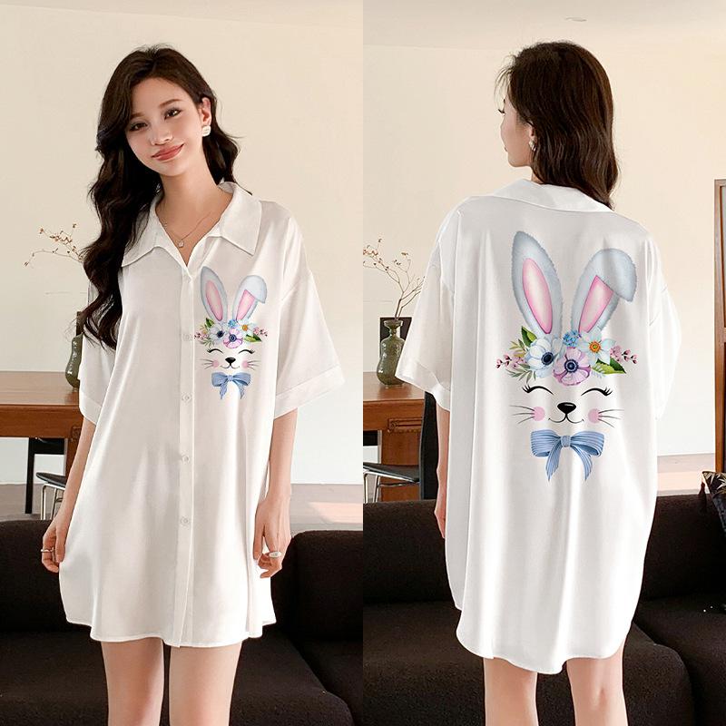 Ropa de Dormir Cómoda de Verano para Mujer Botones Delanteros Seda de Hielo Ropa para el Hogar Suelta Casual Estampada para Descansar