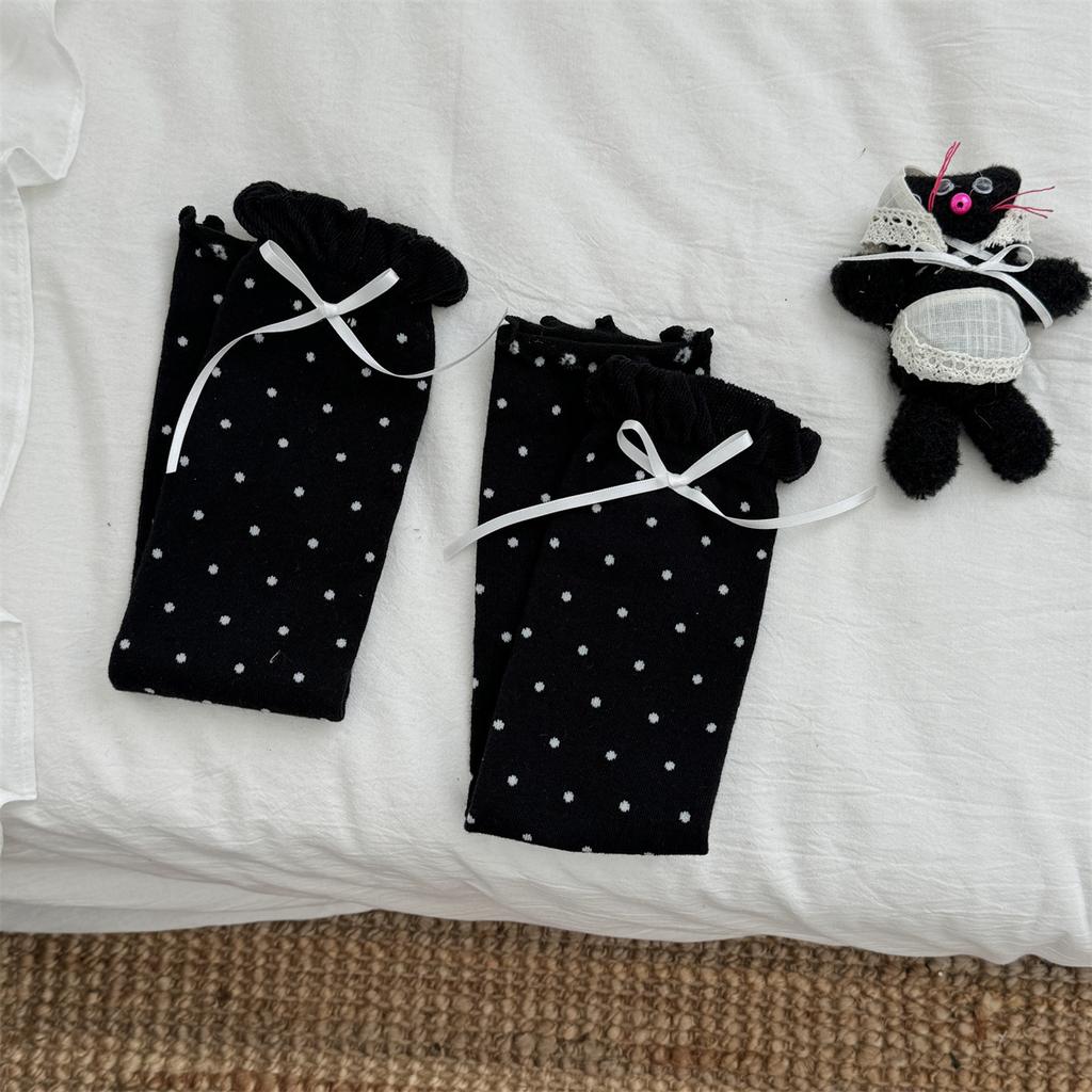 Retro Polka Dot Stocking with Bow Tie, Pile-up Stocking, Double-needle Stocking, Children's Slim-leg Stocking Set
