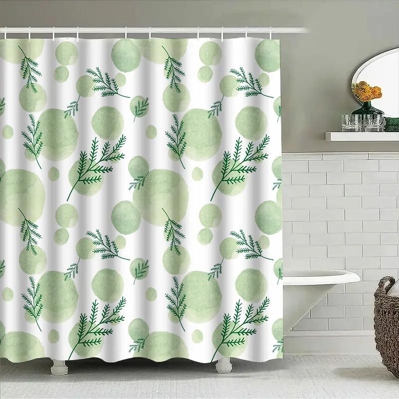 Green Plant Leaves Shower Curtain Fabric Home Decor Waterproof Bathroom Hanging Rod Hook Shower Curtain Shower Decoration