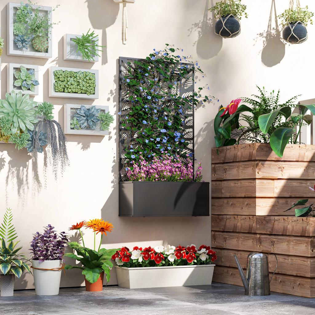 Outdoor Metal Planter, with Back Trellis - Black