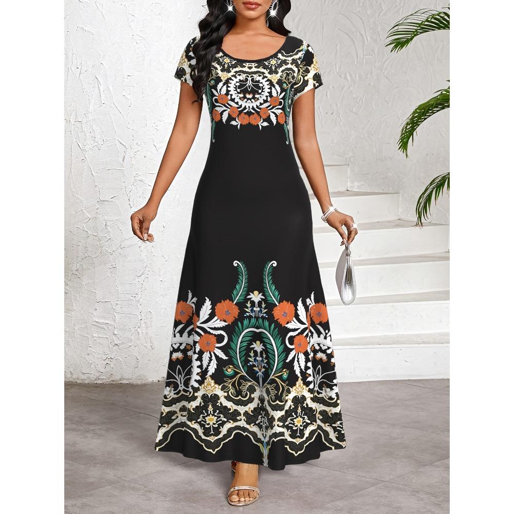 

European and American vacation style women s printed round-neck loose dress 6XL