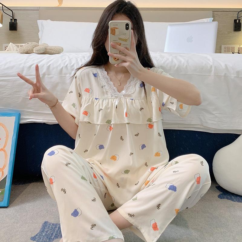 Short-sleeved Trousers Cotton and Silk Pajamas Women's Summer Thin Suit Japanese Sweet Anti-bumps Can Be Worn Outside Cotton Silk Loungewear