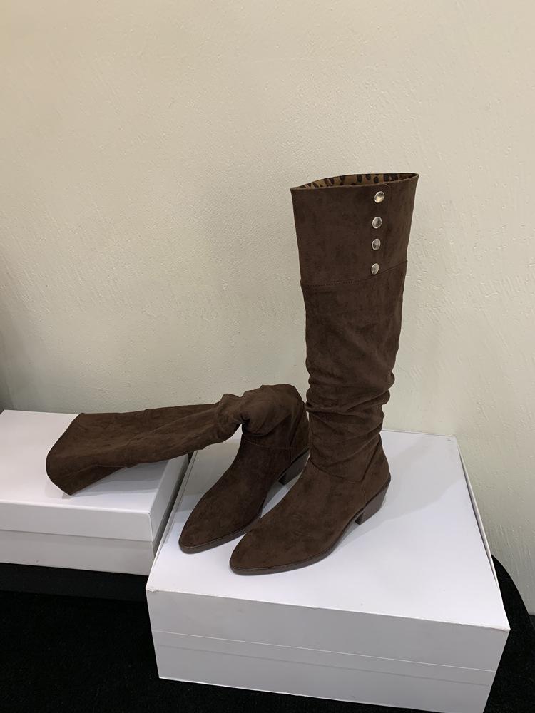 

Многофункциональные новые ботильоны на осень и зиму 2025 года с металлической пряжкой, леопардовым принтом, острым носком, толстым каблуком, средним каблуком, в стиле вестерн, ковбойские, средней длины, высокие ботинки 39