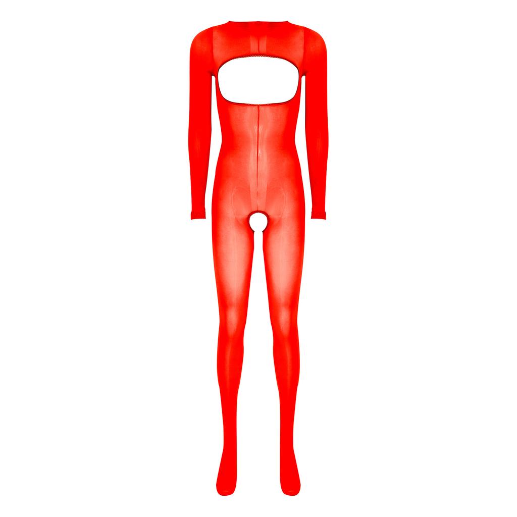 Damska błyszcząca prześwitująca body-pończocha z długim rękawem, otwarta w kroku i na biuście