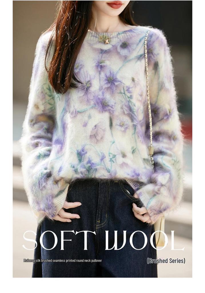 Autumn/Winter 2026 Women's Printed Knit Wool Sweater - Seamless, Plush, Loose Fit, Long Sleeve Top.