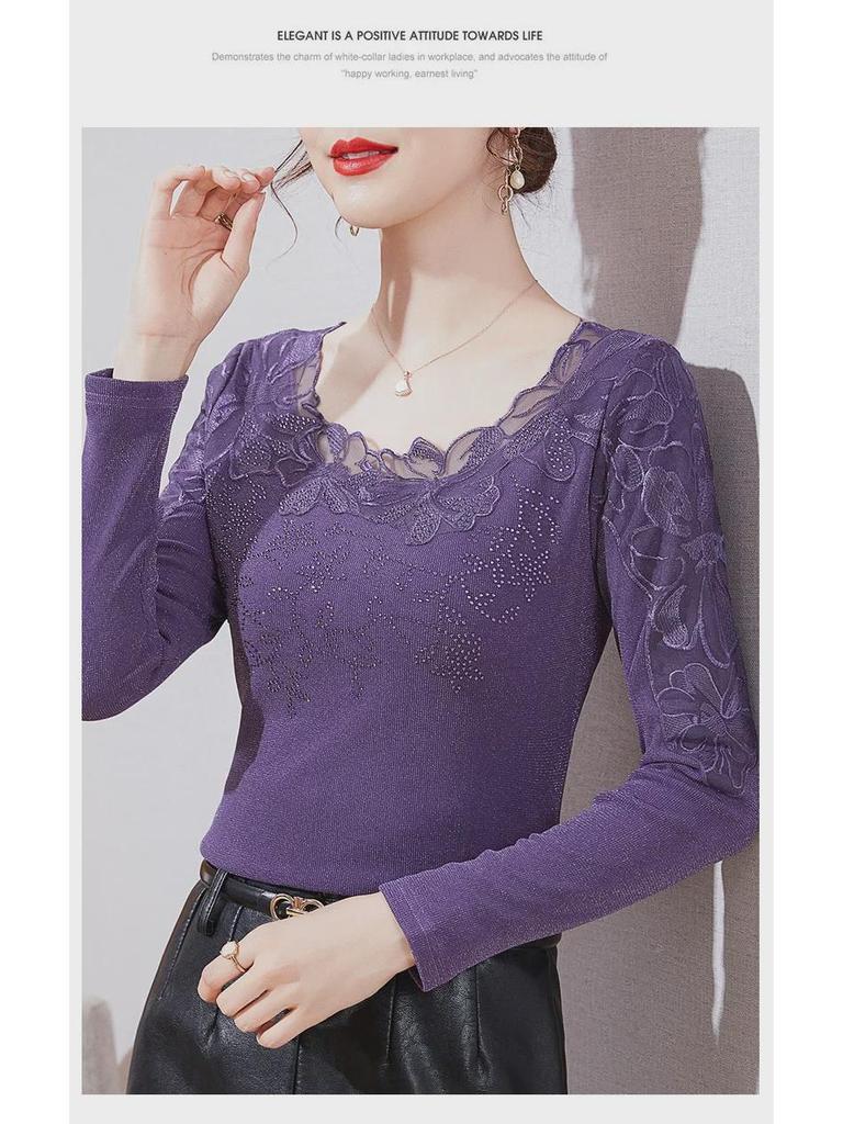 2024 Women's Plus-Size Long Sleeve Lace Mesh Warm Shirt