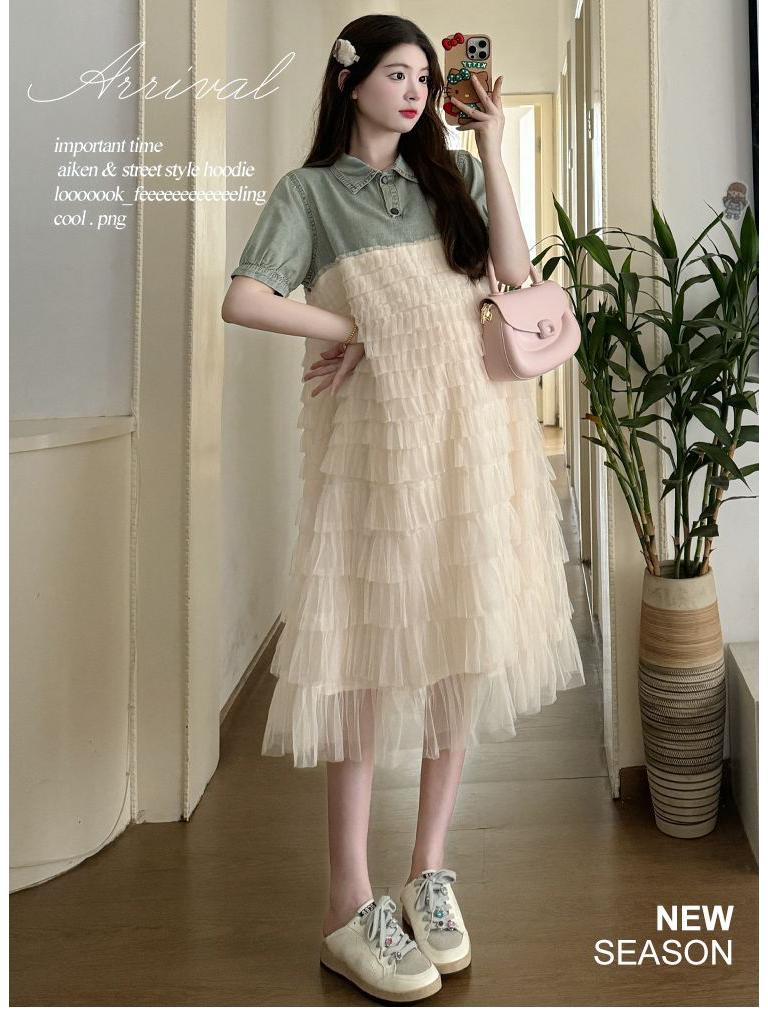 Summer Denim Patchwork Mesh Maternity Dress - Casual Loose-Fitting Sweet Outerwear