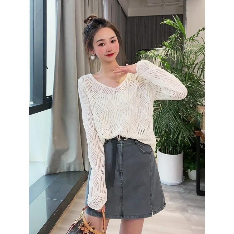 Spring and Summer Women's Hollow V-neck Knitted Shirt Long Sleeved Loose Slimming Cover Shirt for Women