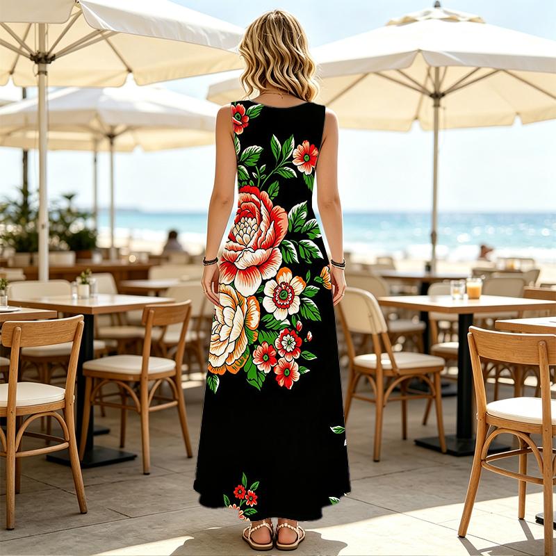 U-Neck Sleeveless Floral Print Maxi Dress Comfy & Versatile,Perfect for Daily Casual Wear & Vacation Travel Photos