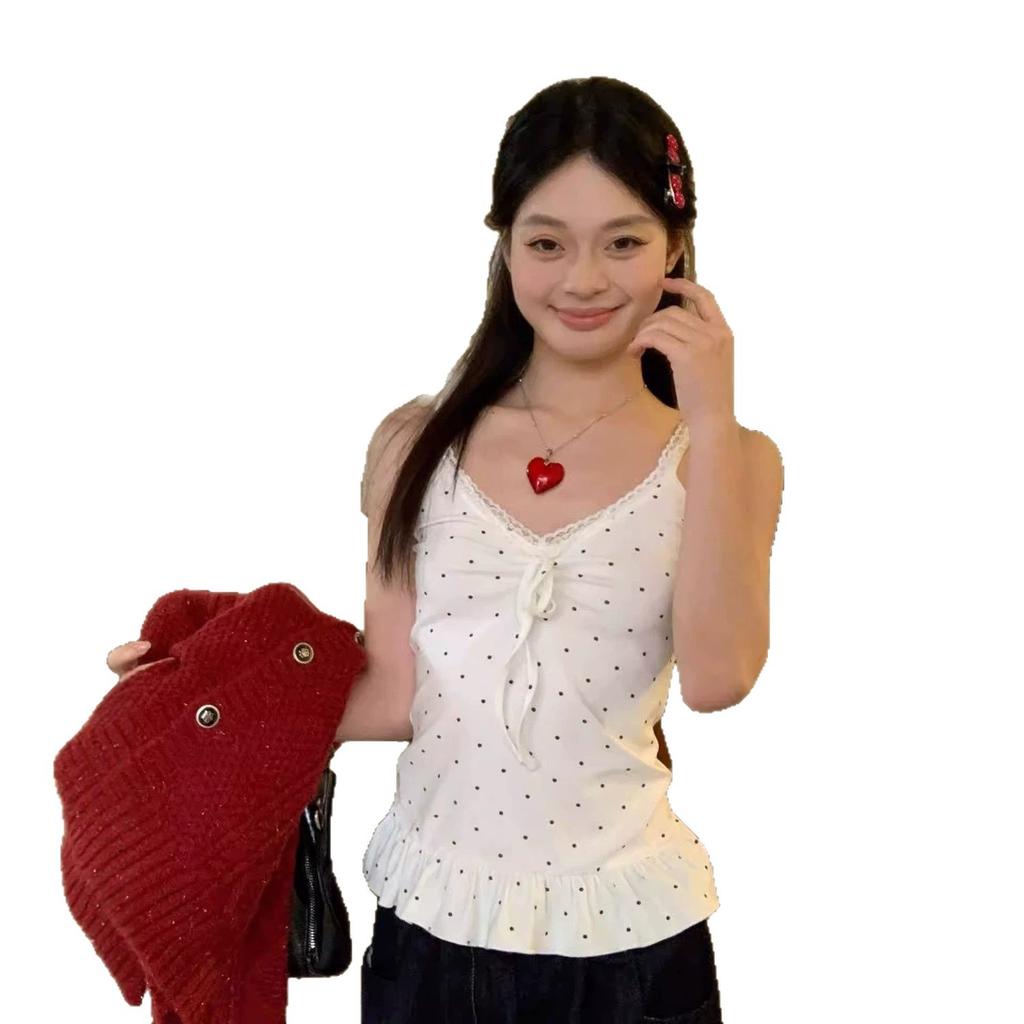 Korean White Sweet Polka Dot Ruffle Hem Sling Vest Women's Spring New Inner Sleeveless Stacked Top
