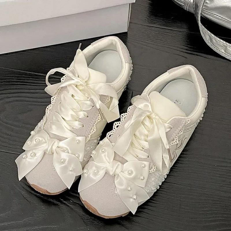 Fashion Hot Selling Thick-Soled 2025 Pearl Beaded Sweet Heart Casual Sports Shoes Women's Bowknot Ballet Flats Women Zapatillas De Mujer