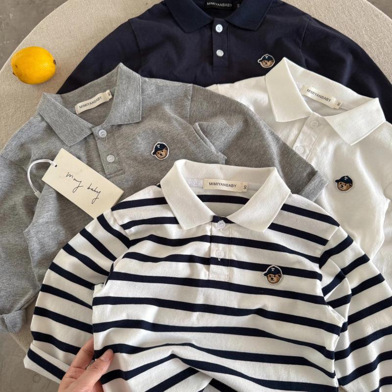 Kids' Striped Polo Shirt - Fall Trendy Bear Design for Boys & Girls