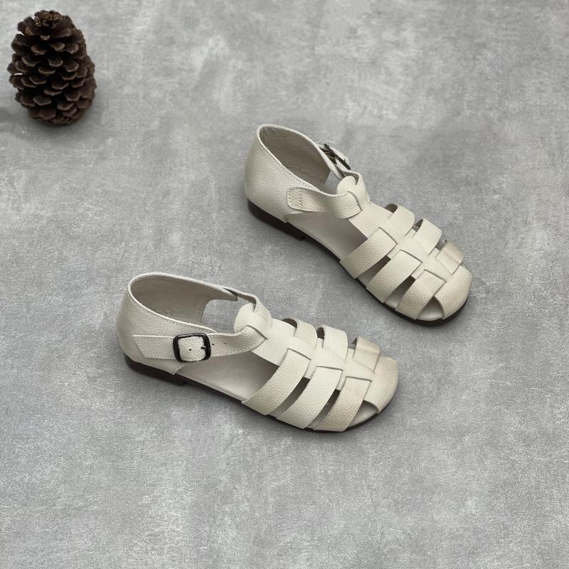 Johnature Genuine Leather Roman Sandals Retro Casual Solid Color Cowhide Soft Sole Flat Women's Shoes