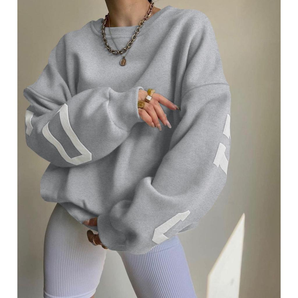 Damen Crew-Neck Langarm Oversized Sweatshirt Lockerer Schnitt Winter Buchstabenprint Pullover Top