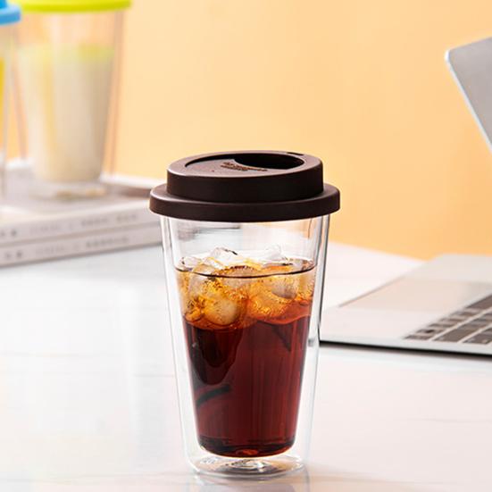 350 ML dobbeltvegget glass med silikonlokk isolert tumbler Reise varm kald drikke te melk høy borosilikatglass kopp kaffekrus