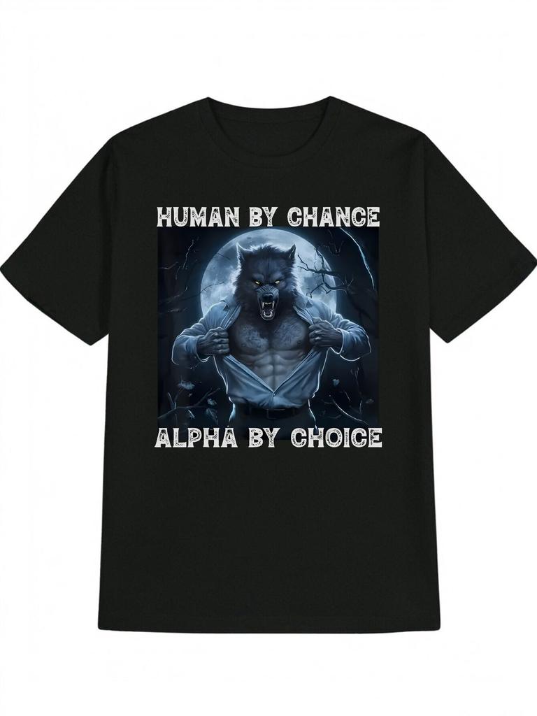Zufällig Mensch, Mit Absicht Alpha Lustiges Werwolf Absurder Print T-Shirt für Männer Amerikanischer Humor Grafik Schwarzes T-Shirt mit Retro