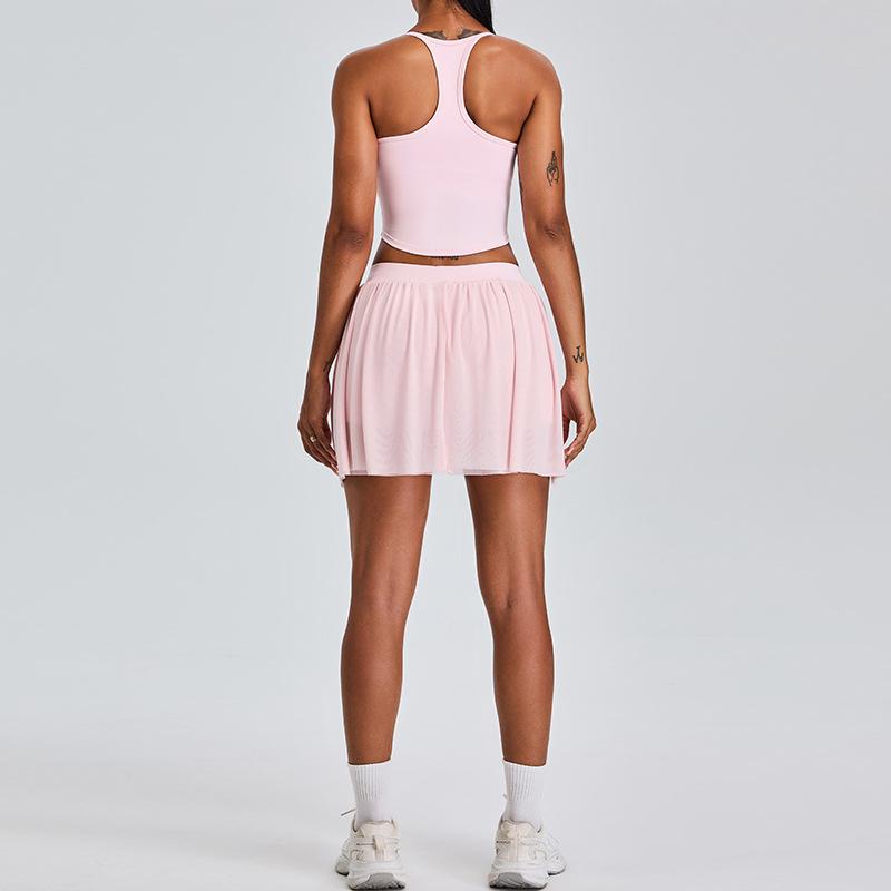 New Casual Sports Yoga Set For Women With Mesh Lining, Pleated Tennis Skirt, Fitness Suit Set