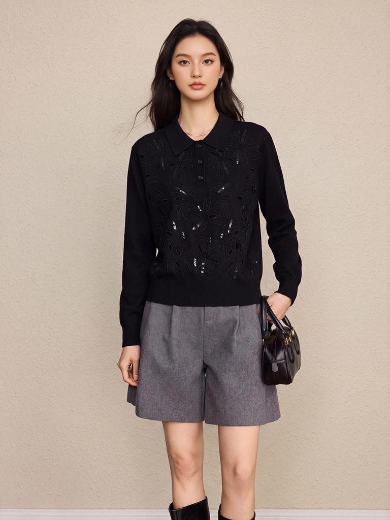 2026 Autumn/Winter Luxury Beaded Embroidery Knit Pullover Sweater: Women's Long Sleeve Hollow Lapel Top