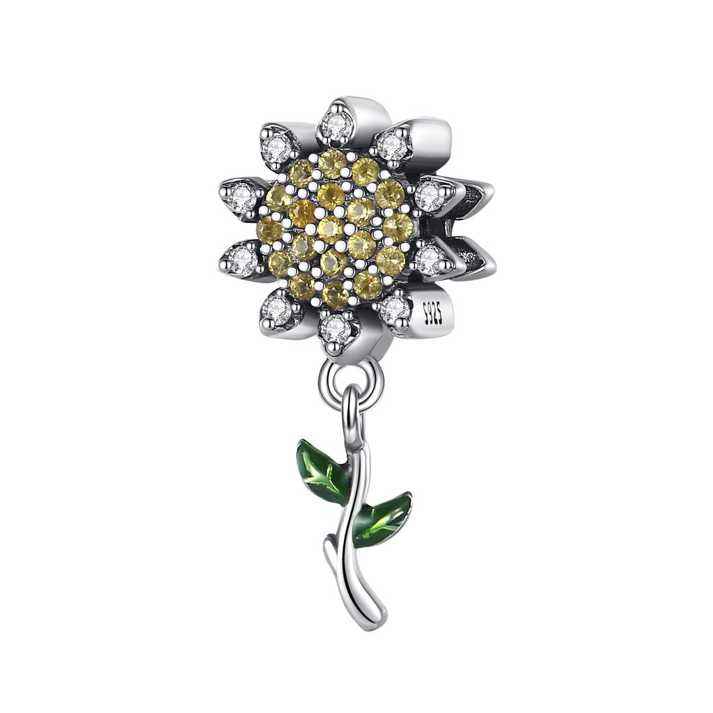 925 Sterling Copper Golden Sunflowers Heart Beads Pendant Charms Beads Fit 4MM Hole Diameter Bracelets Luxury Party DIY Zircon