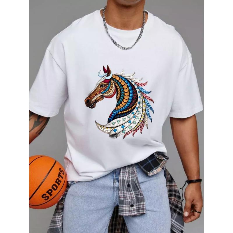 

Men s White T-Shirt with Colorful Horse Head Tribal Pattern Design for Casual Wear S