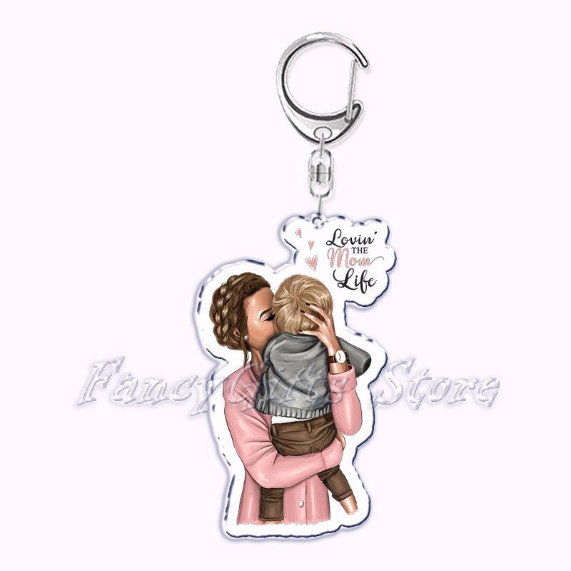 Cartoon Brown Hair Super Mama Mom Keychain for Accessories Bag Pendant Key Chain Ring Keychains Jewelry Mothers Fathers Day Gift