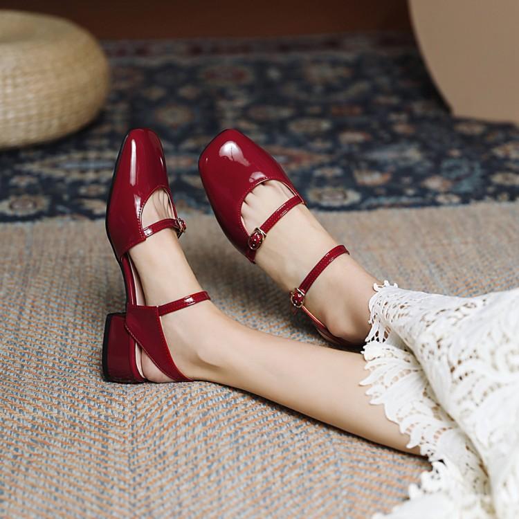  Patent leather women sandals ankle strap square toe sandals high heel shoes green