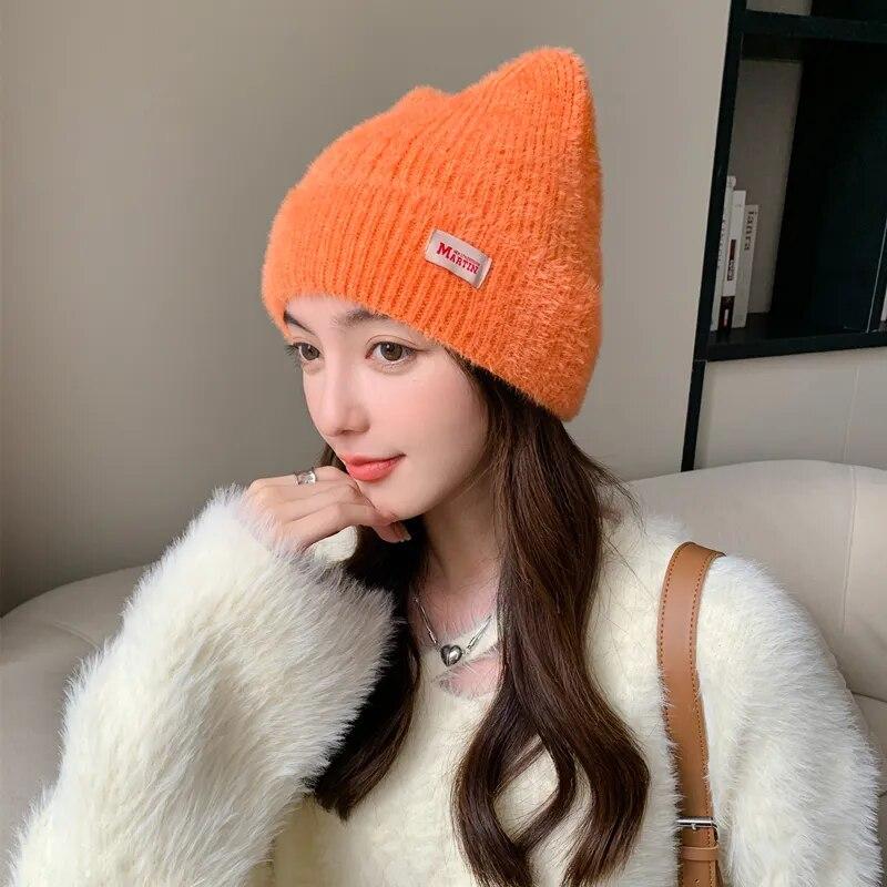 Noi femei drăguțe urechi de pisică Pălărie de iarnă Pălărie tricotată de modă cu blană artificială Stil Kpop Pălării moale Beanie Bomboane Femei Streetwear Cap