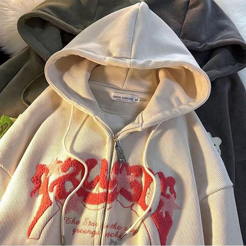 Módní vyšívané mikiny s kapucí na zip Dámské podzimní topy s dlouhým rukávem Volné mikiny Harajuku Y2K Oblečení Dámská mikina Bunda