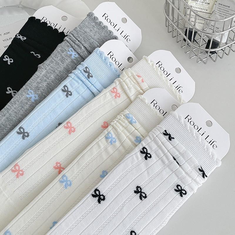White Socks Pure Cotton Stacking Socks Lace Bow Cute Girl Spring And Autumn Thin Cotton Medium Tube Socks Women