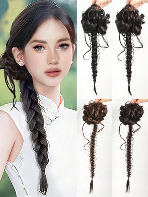 Synthetic Hair Ponytail Extensions 20 Inch Wavy Curly Side Ponytail With Bun Fluffy Hair Extensions Clip-In Hair Extensions For Women Daily Use