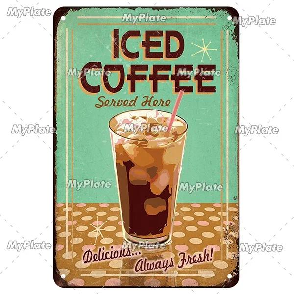 

[MyPlate] Металлическая вывеска со льдом и кофе, винтажная металлическая табличка, жестяная вывеска, кухонный декор для бара, клубное украшение, мужская пещерная тарелка, чайный постер 20X30CM