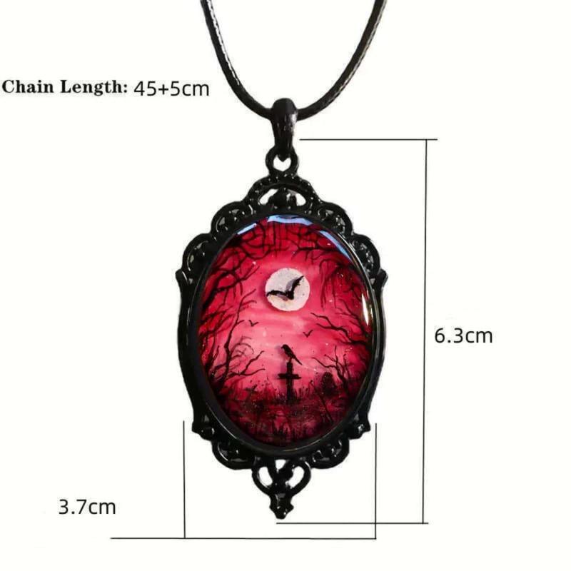 New Gothic Black Crow Cemetery Moon Ghost Forest Oval Pendant Necklace for Women Halloween Party Vampire Artistic Jewelry Gifts