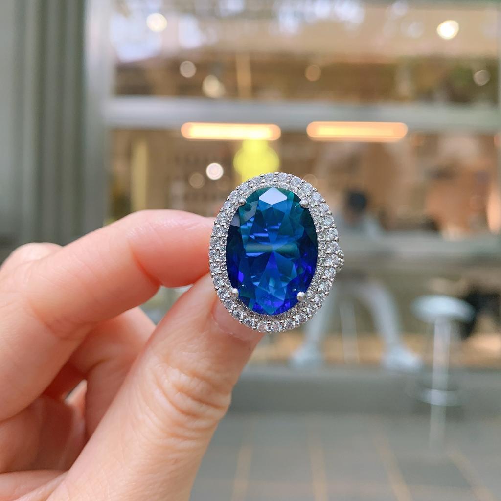 Jewelry Simulation Blue Glass Blue Retro Wind Ring Shining Diamond Set Women'S Ring