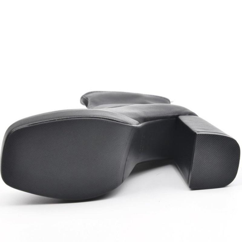 Botas Elásticas de Mujer 2025 Tacones de Bloque en la Puntera Plataforma Slip On Talla Moda Citas Media Pantorrilla Bota