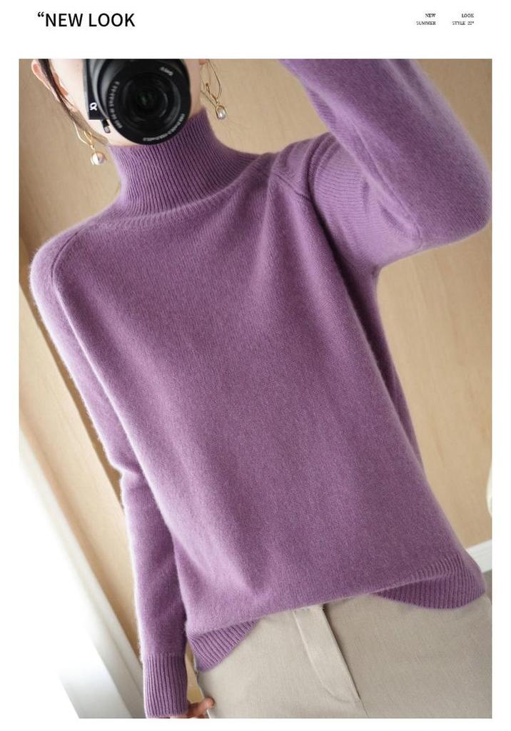 Autumn/Winter 2024 High-Neck Knit Pullover: Slim Fit, Solid Color, Long Sleeve