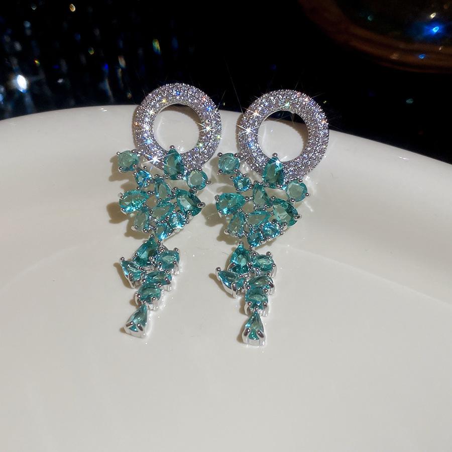 Emerald diamond leaf fringed earrings light luxury stud earrings women's European and American earrings