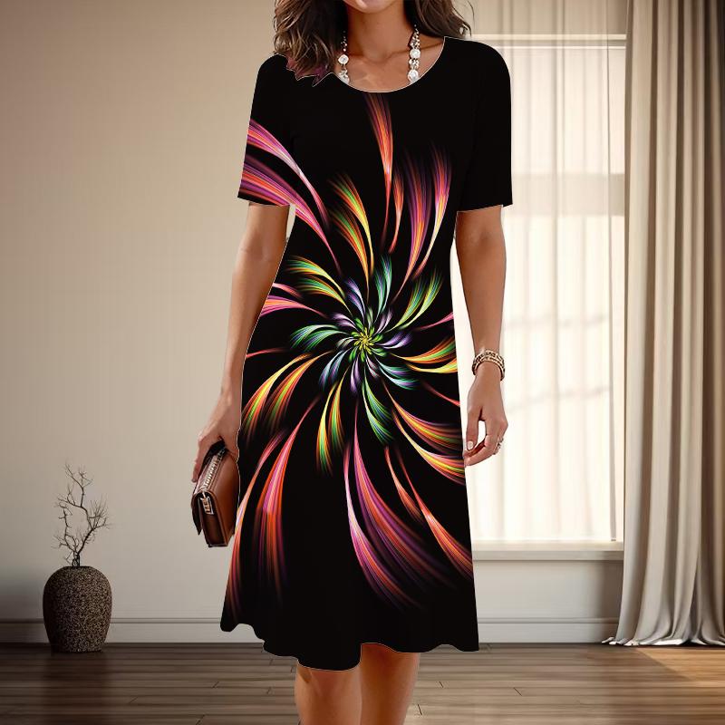 

Женская мода изящный абстрактный принт лето весна короткий рукав О-образный вырез повседневные платья 5XL красный