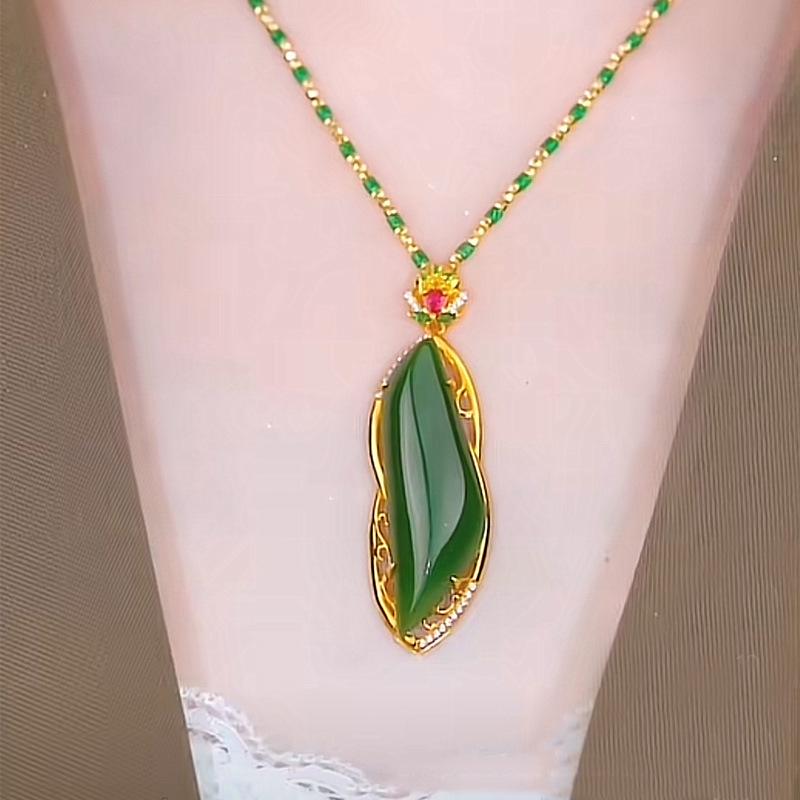 Elegant Faux Hetian Jade Teardrop Necklace with Gold Inlay - Luxury Gift for Women