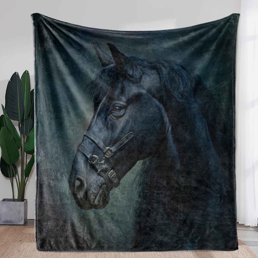 1pc Zeal Lily Vintage Black Horse Portrait Flannel Throw Blanket - Dark Brown/Blue/Gray/Teal Elegant Equine Design, Soft All-Sea