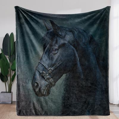 1pc Zeal Lily Vintage Black Horse Portrait Flannel Throw Blanket - Dark Brown/Blue/Gray/Teal Elegant Equine Design, Soft All-Sea