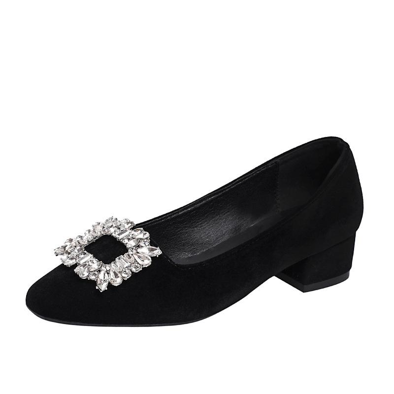 Spring new Korean inner heightening rhinestone square head shallow mouth single shoes gentle suede not tired feet shoes