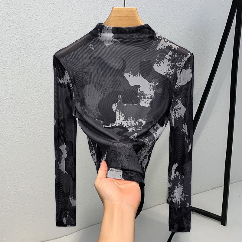 

Женские осенне-зимние топы с сетчатым низом и высоким воротом, с принтом тай-дай