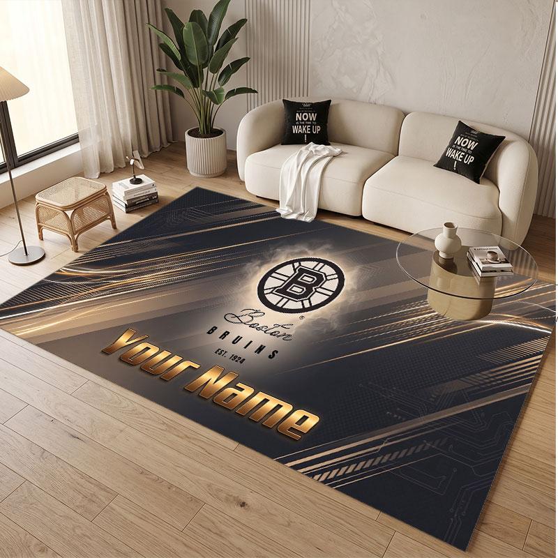 Custom Rug Boston Bruins Pattern Print Name Text Soft Non‑Slip Floor Carpet for Home Indoor Decoration
