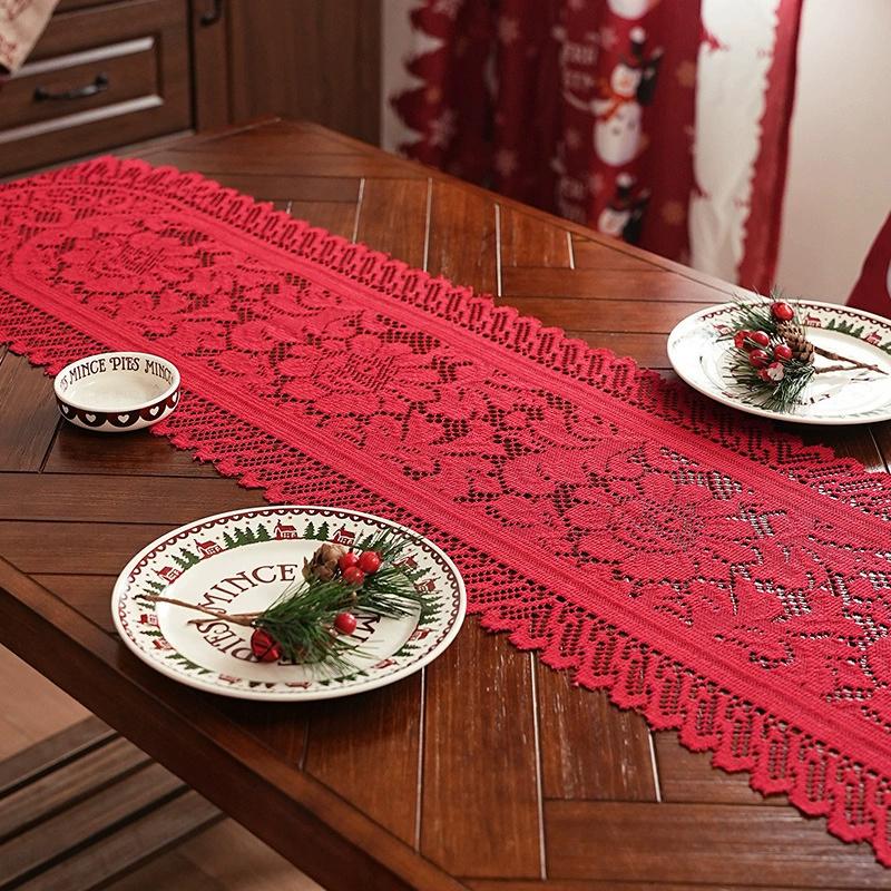1Pc Warp Knitted Lace Fringe Red White Beige Lace Tassel Table Flag for Home Decoration, Wedding Party Table Flag Decoration