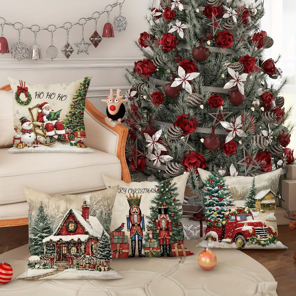 Vintage Christmas Throw Pillow Covers Set Of 4, Polyester Velvet Farmhouse Holiday Cushion Cases 18X18 Inch, Zippered