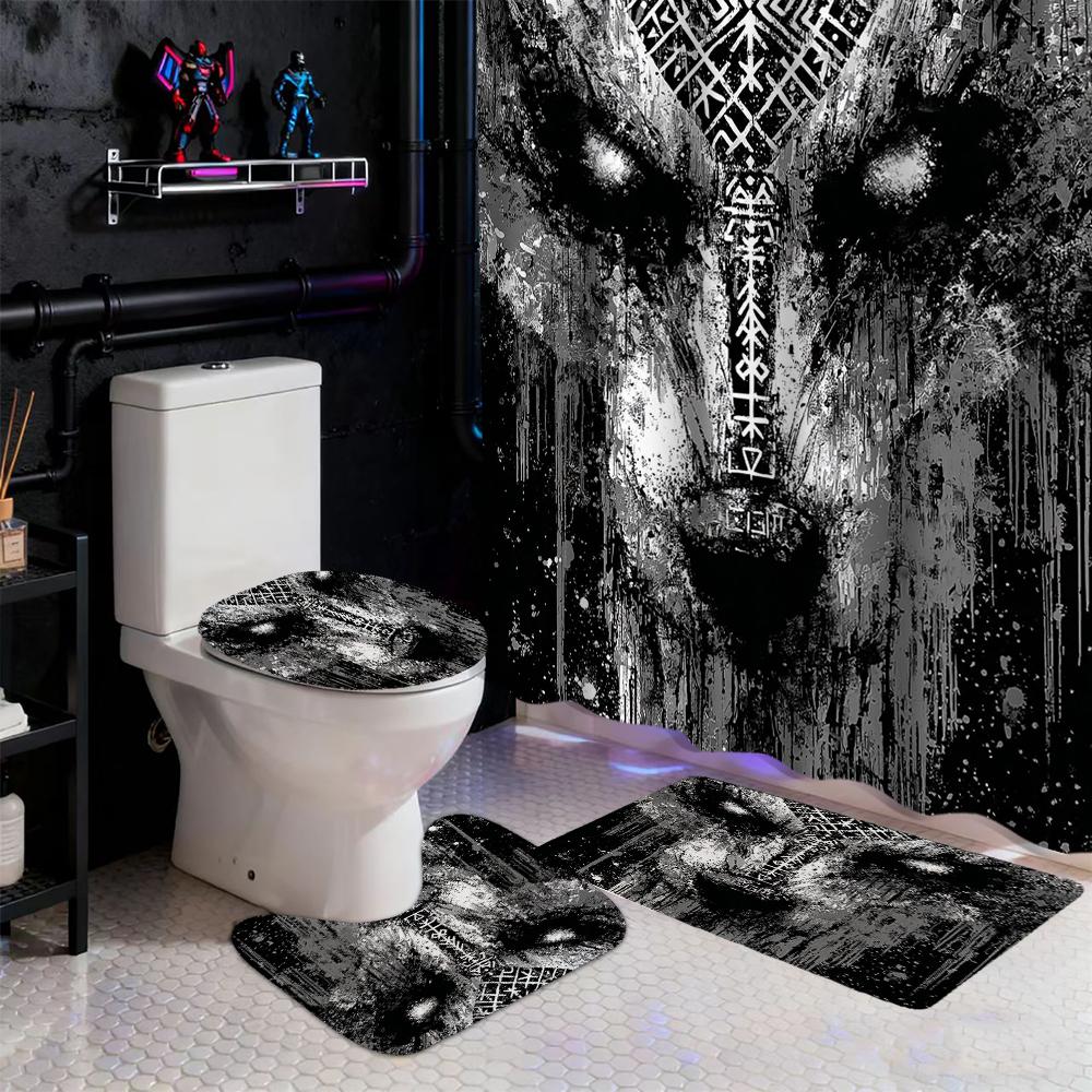 Animal Abstract Patterns Black Whit Shower Curtain Bath Sets Waterproof Non-Slip Bathroom Rug Toilet U With 12 Hooks Home Deco