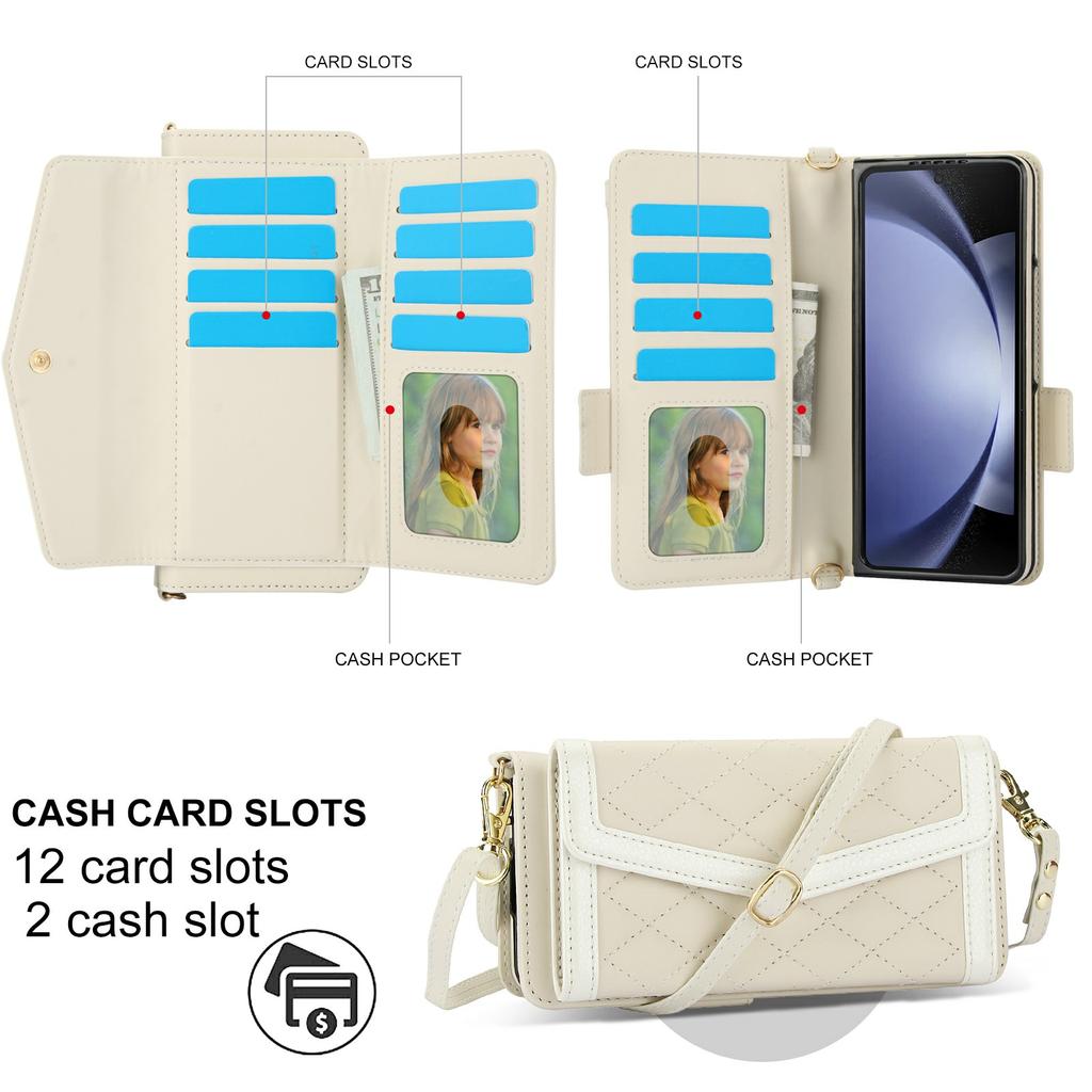 For Samsung Galaxy Z Fold5 5G Case Quilted Design PU Leather Wallet Phone Cover with Shoulder Strap