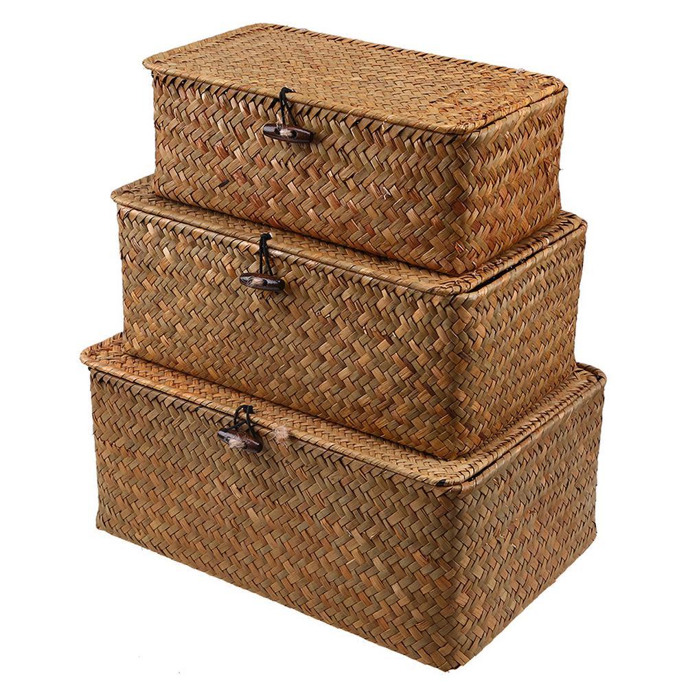 Yellow Seagrass Woven Storage Basket With Lid Desktop Organizer Box For Clothes And Sundries