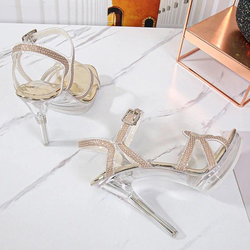Women Crystal Heel sandals 12cm Ladies Stiletto Shoes Crystal Stained Glass Strip Color Diamond Sexy Fashion Sandals 12cm Heel WZ